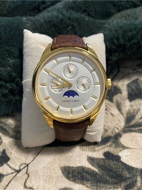 Men's Gold Case Brown Leather Watch with Moonphase